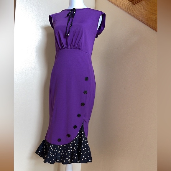 Women’s Pencil Dress Size Small Ball Fishtail Purple Black Button Ruffle Bottom - Picture 1 of 9